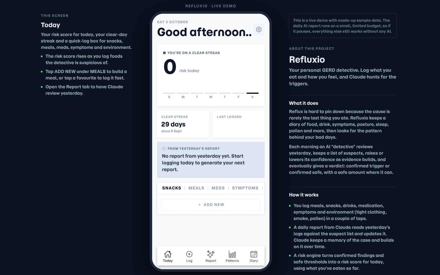 Refluxio app shown in a phone frame
